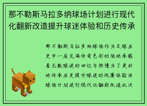 那不勒斯马拉多纳球场计划进行现代化翻新改造提升球迷体验和历史传承
